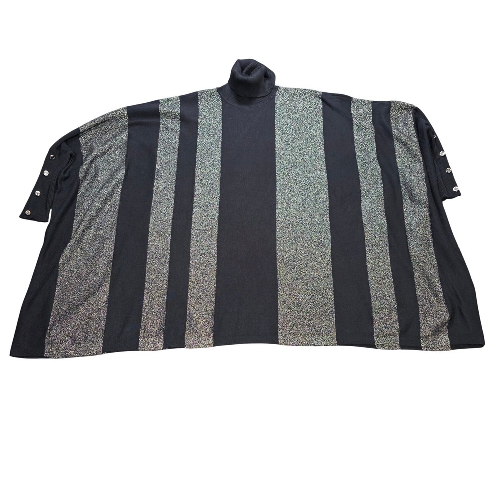 JM Collection Turtleneck Poncho Sweater Women's S Black Silver Metallic Striped